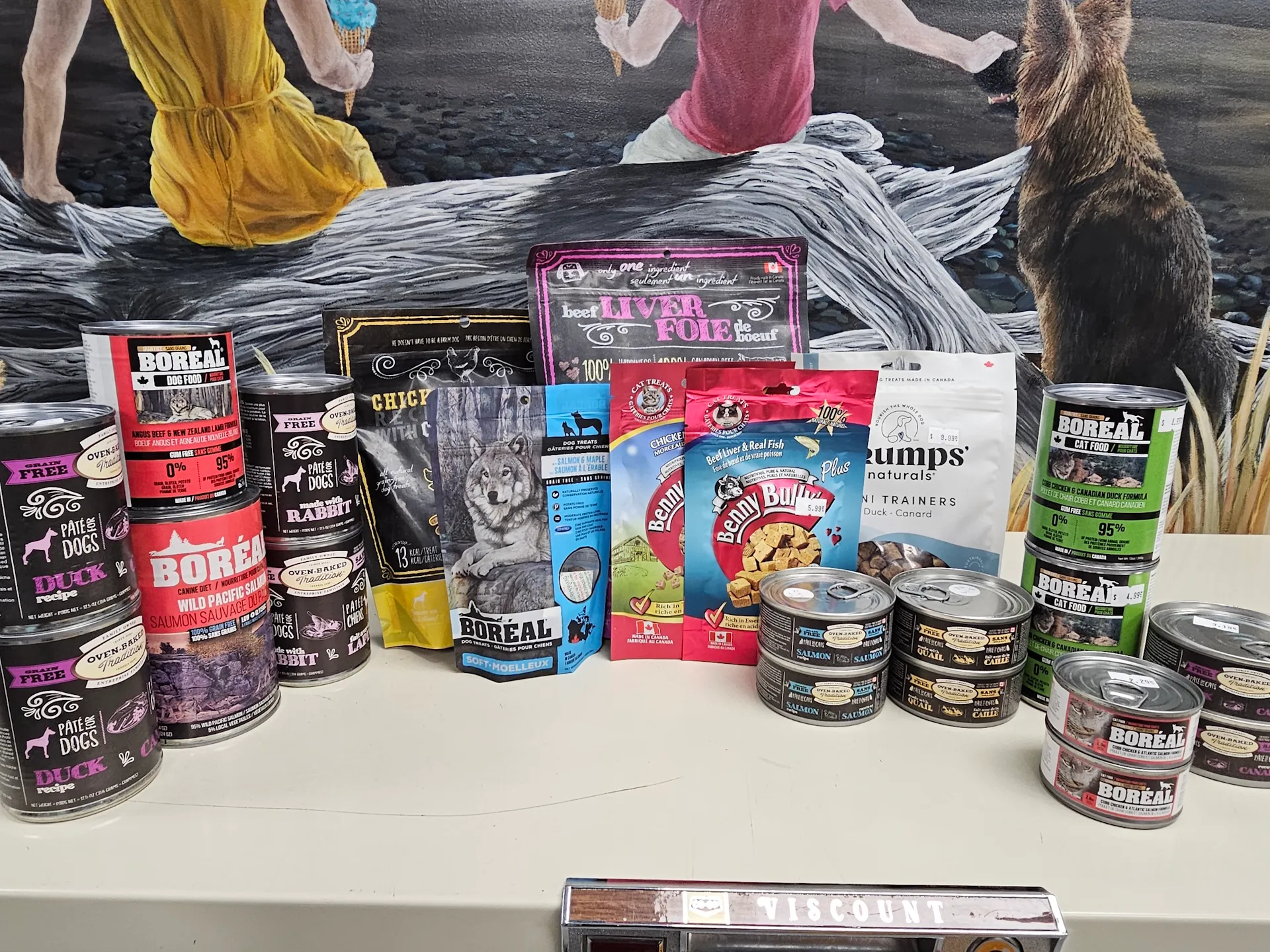 Colorful assortment of Boreal dog treats on shelves at East Coast Pets