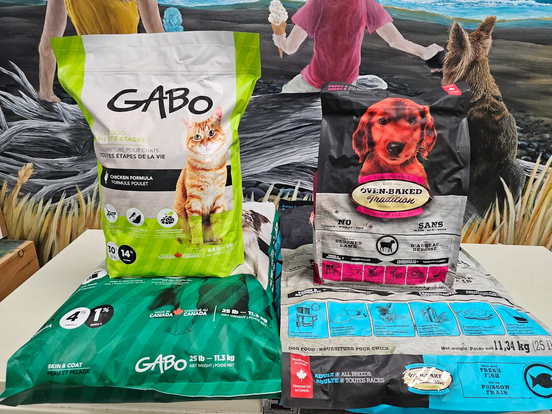 Colorful assortment of Gabo products on shelves at East Coast Pets