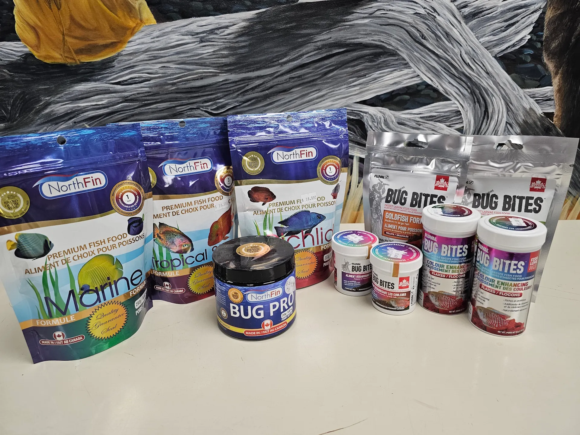 Colorful assortment of NorthFin products on shelves at East Coast Pets